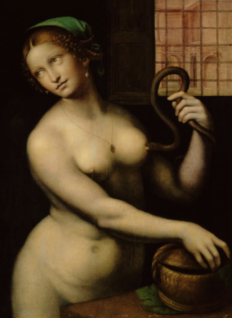 Cleopatra commiting suicide by holding an asp up to her nude breast
