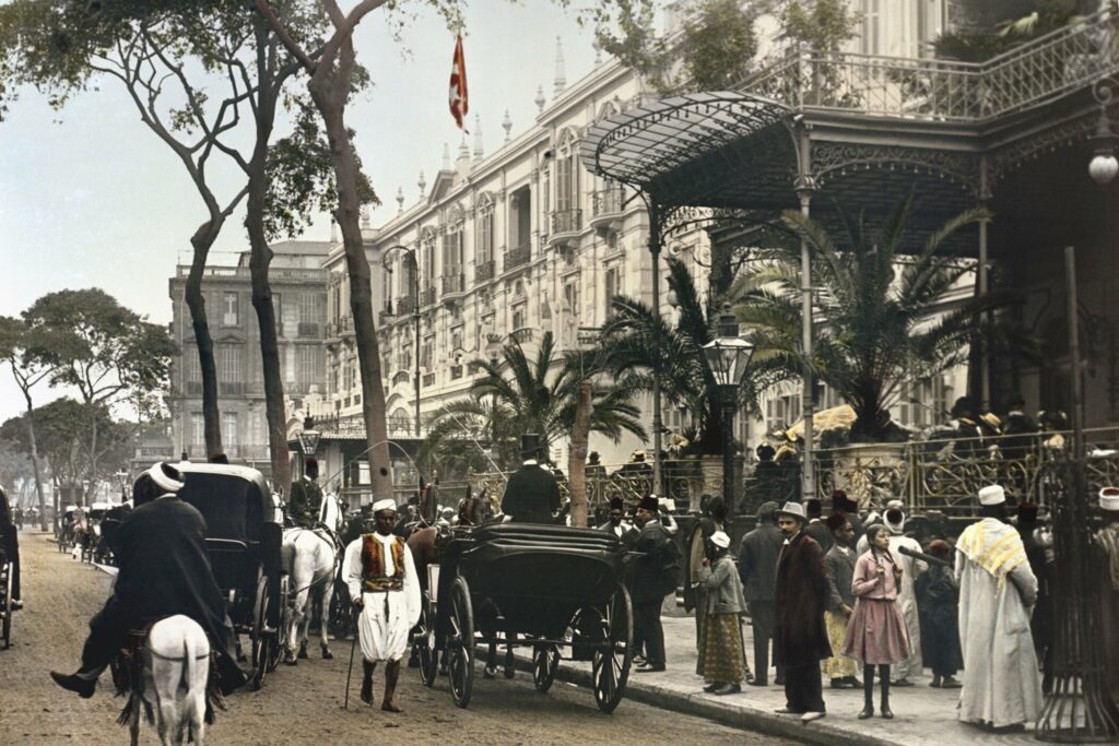 Shepheard's Hotel in Cairo, Egypt. Photo of the exterior with dining terrace pictured.