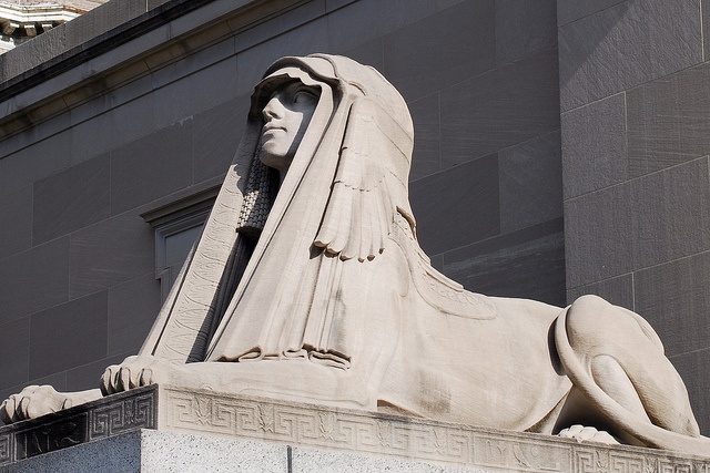 An image of a sphinx outside of the Grand Lodge of Washington, DC.